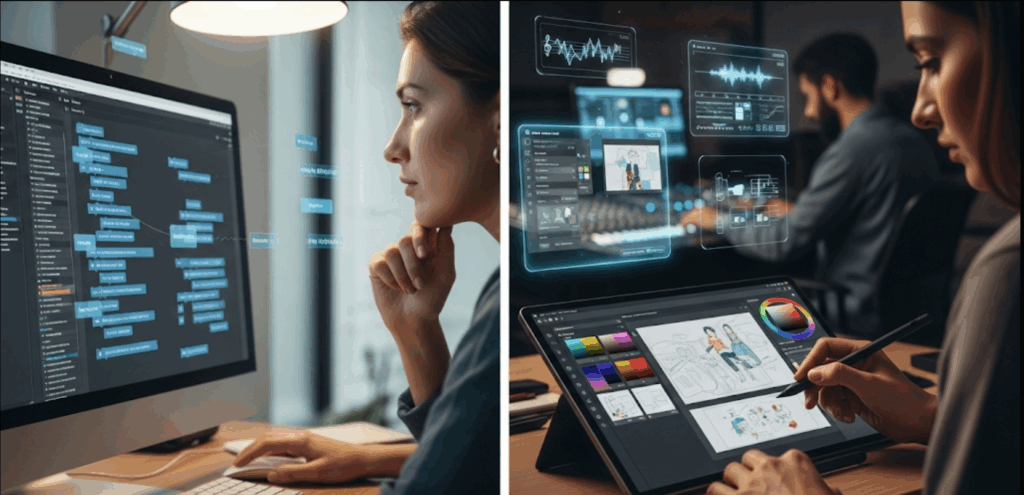 Impacto de la IA en futuro del trabajo creativo: Un collage que muestra a profesionales creativos colaborando con herramientas de inteligencia artificial en sus respectivos campos.