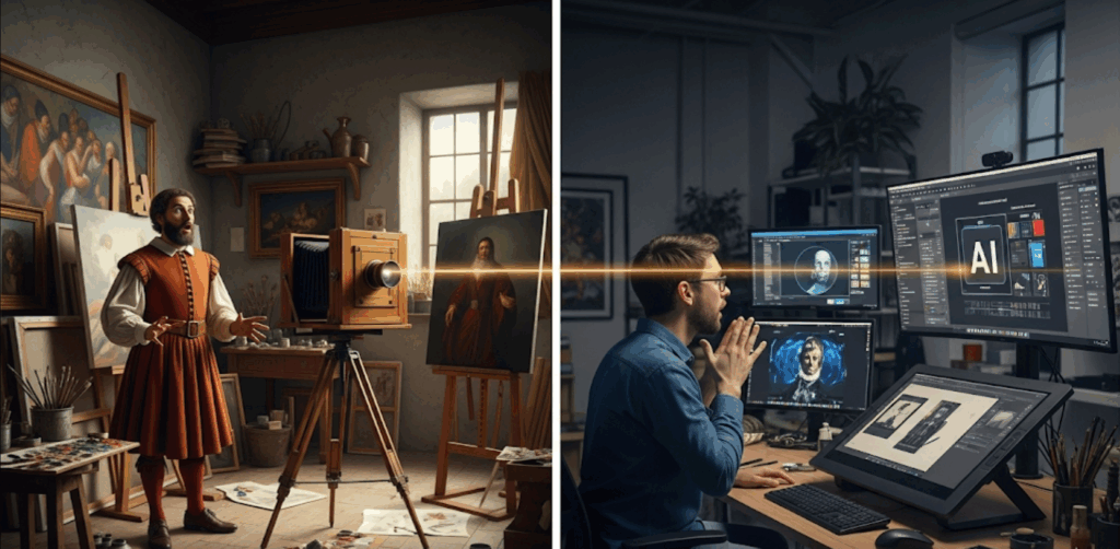 Impacto de la IA en futuro del trabajo creativo: Comparación histórica entre la invención de la fotografía y la llegada de la inteligencia artificial generativa al mundo del arte.