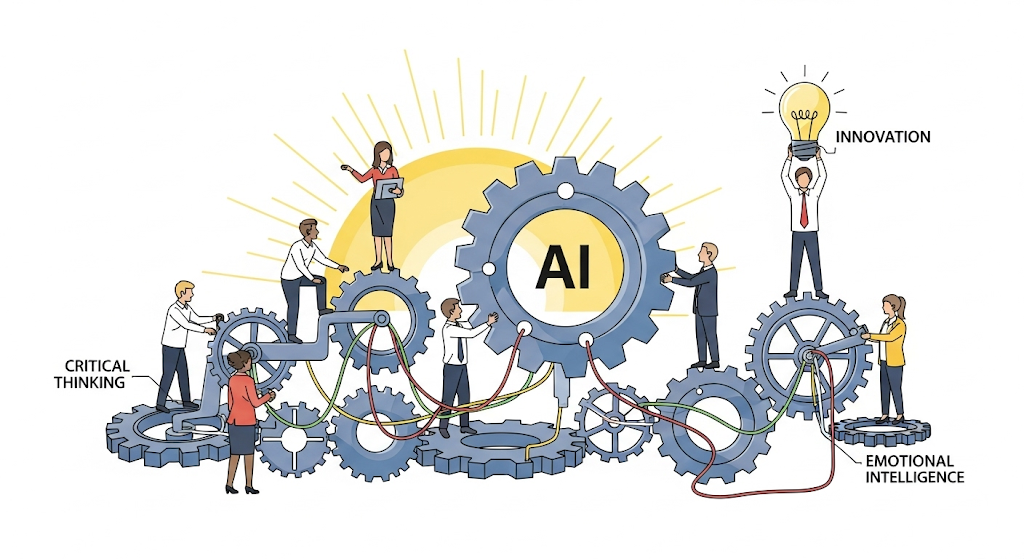 Impacto de la IA en futuro del trabajo creativo:  Ilustración simbólica de profesionales creativos trabajando juntos para integrar la IA en su flujo de trabajo, destacando las habilidades humanas.